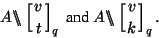 \begin{displaymath}A{\backslash\!\!\backslash}\left[ v \atop t \right]_q\ \mbox{and}\ A{\backslash\!\!\backslash}\left[ v \atop k \right]_q.
\end{displaymath}